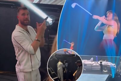 Watch as Taylor Swift couldn’t hold back any longer on stage and tells the whole world ‘THAT’S MY MAN’ and blew a kiss in his direction while pointing to Travis Kelce… And Travis ran backstage out of EMBARRASSMENT – ‘He’s SHY!’